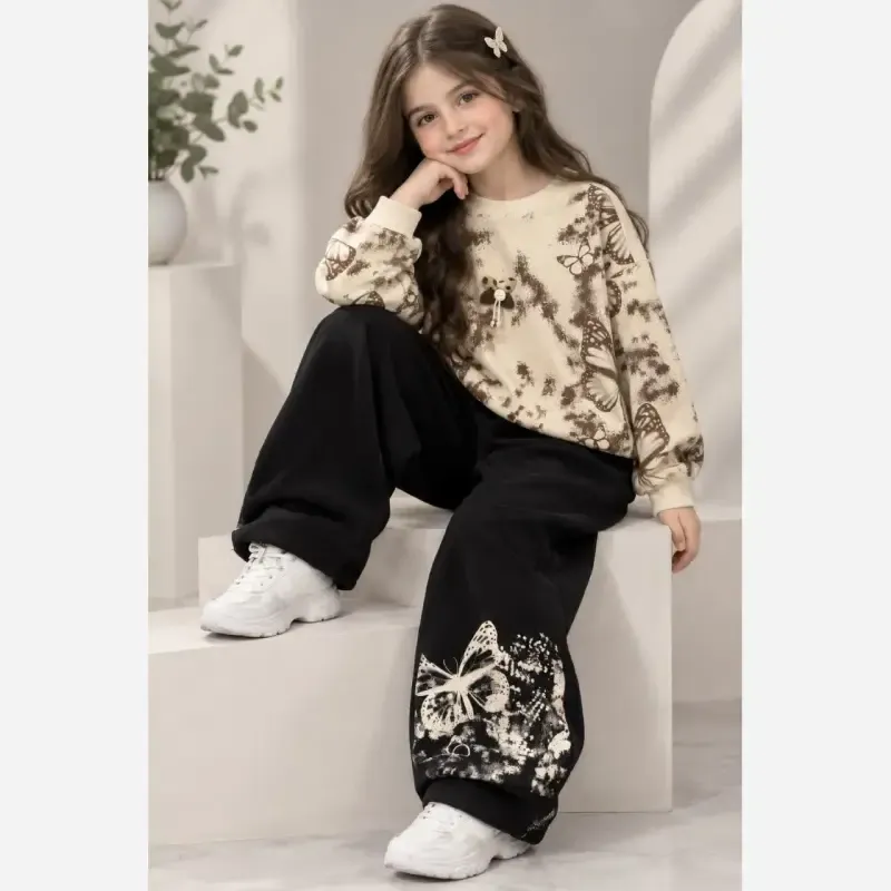 ست بلوز و شلوار دخترانه دورس دونخ لاکرادار طرح پروانه سایز 45 تا 65 رنگ سفید کرم شکلاتی