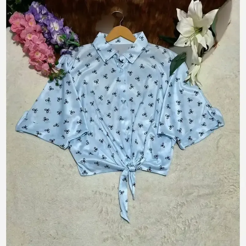 شومیز گره ای چاپی پاپیونی جنس پری صابونی شیشه ای فری سایز