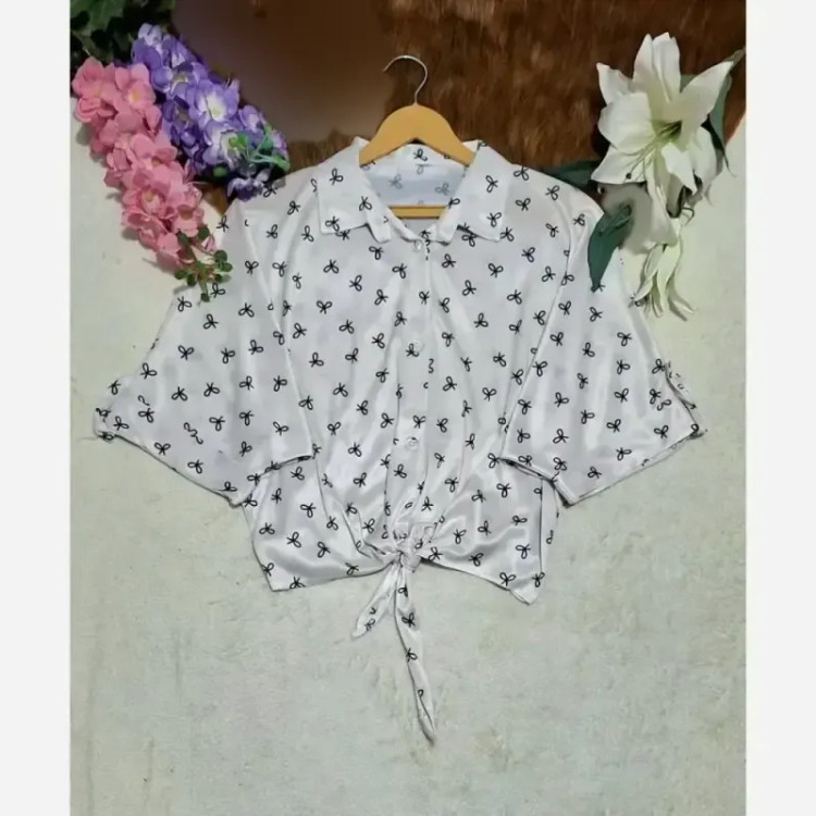 شومیز گره ای چاپی پاپیونی جنس پری صابونی شیشه ای فری سایز