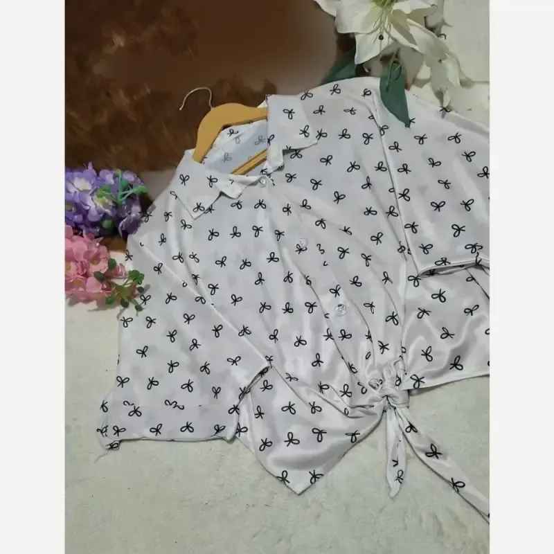 شومیز گره ای چاپی پاپیونی جنس پری صابونی شیشه ای فری سایز