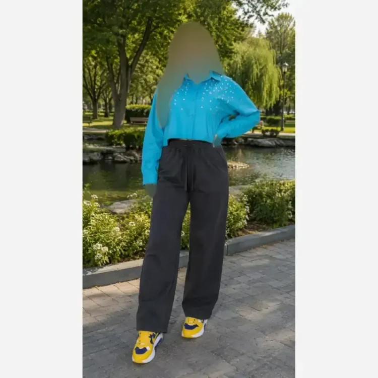 شلوار بگ زنانه طرح جین نیل ترک وارداتی کمر کش و کمربند دار