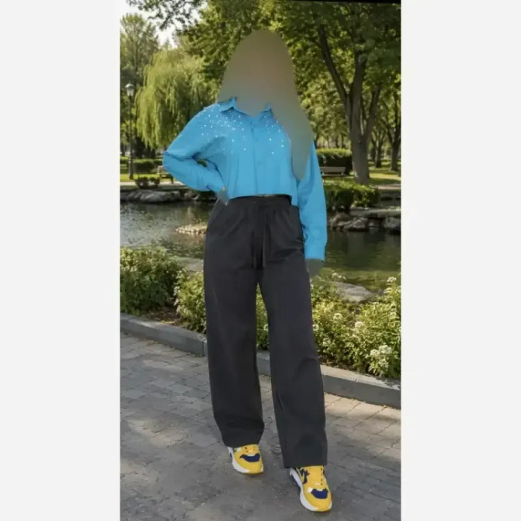 شلوار بگ زنانه طرح جین نیل ترک وارداتی کمر کش و کمربند دار