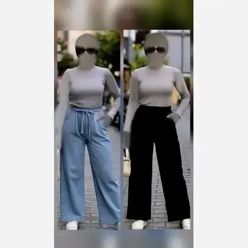 شلوار بگ زنانه طرح جین نیل ترک وارداتی کمر کش و کمربند دار