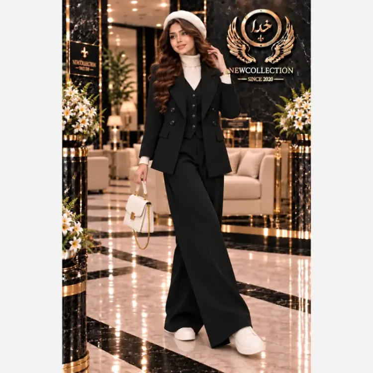 ست سه تیکه پاییزه کلمبیایی کت و جلیقه و شلوار سوپرمازراتی اعلا مشکی نسکافه ای فری سایز