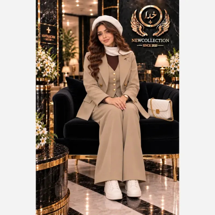 ست سه تیکه پاییزه کلمبیایی کت و جلیقه و شلوار سوپرمازراتی اعلا مشکی نسکافه ای فری سایز