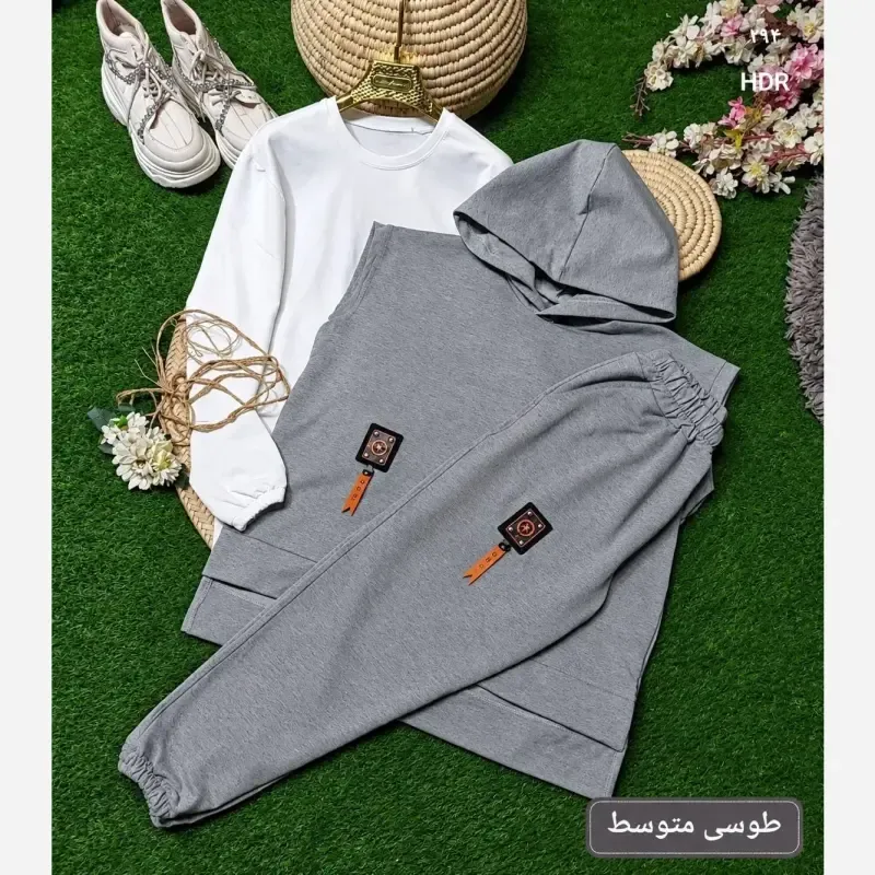 سه تیکه پاییزه زنانه جنس گلکسی اعلا رنگ طوسی سایز فری